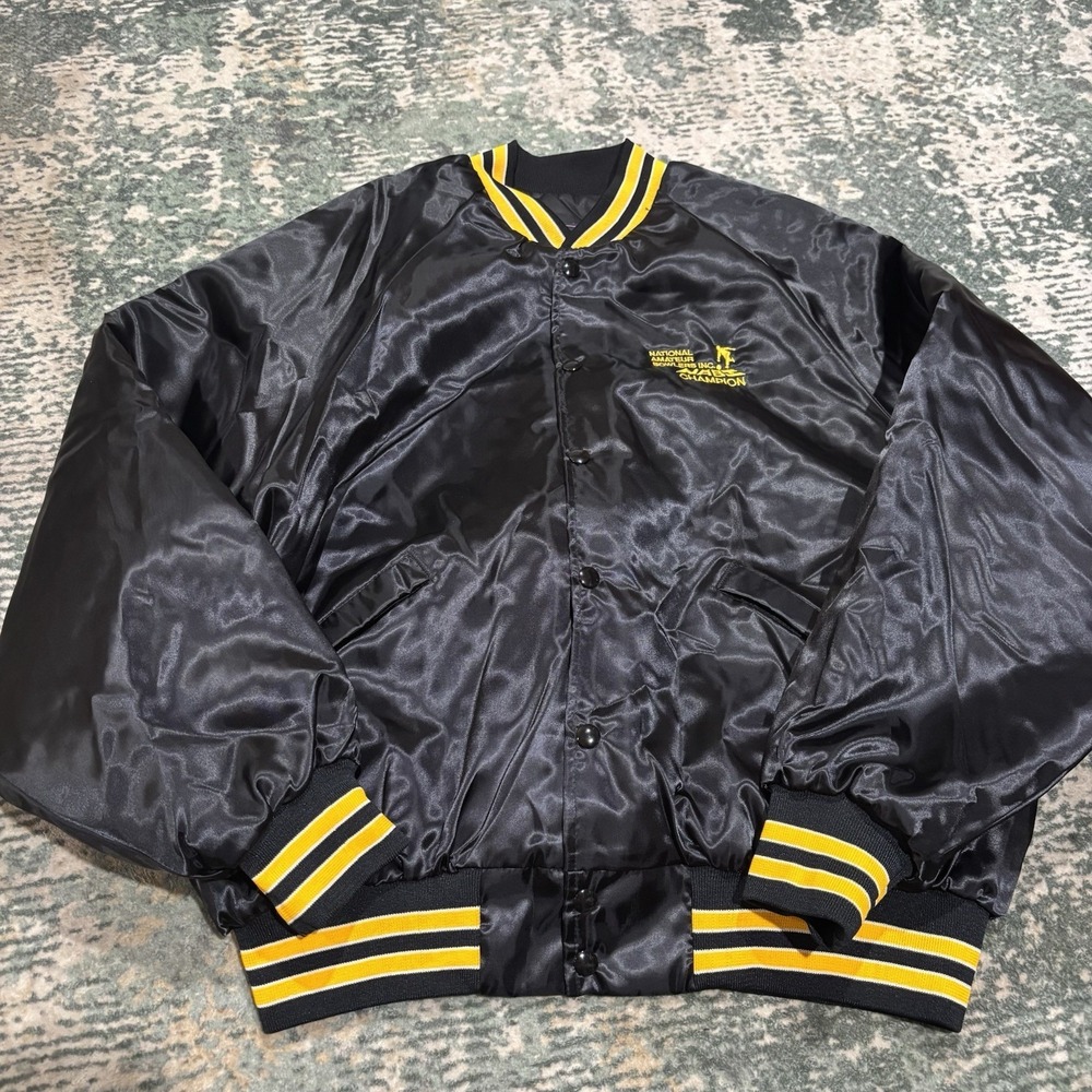Vintage King Louie Satin Jacket XL Black With Yellow Trim Bowling Champion Bobby
